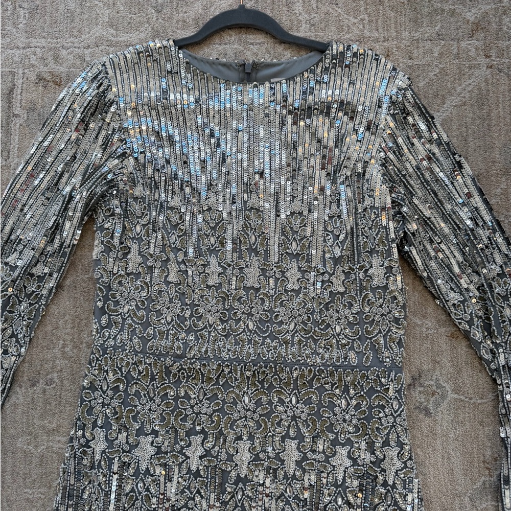 Mac Duggal Silver Beaded Long-Sleeve Evening Dress - Picture 3 of 6